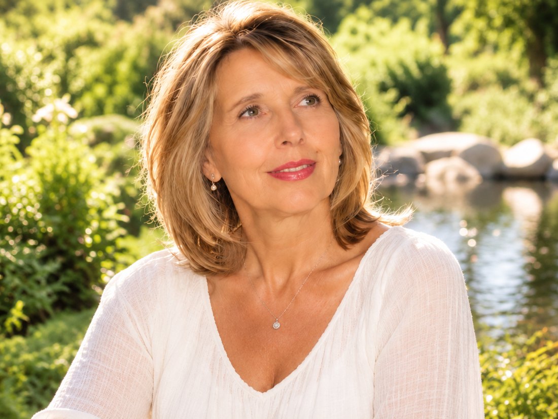 Portrait of pianist and composer Renee' Michele in a sunlit garden